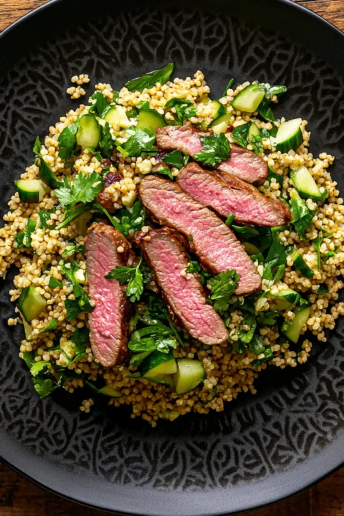 Nigella Bulgur Wheat Salad with Pink-Seared Lamb