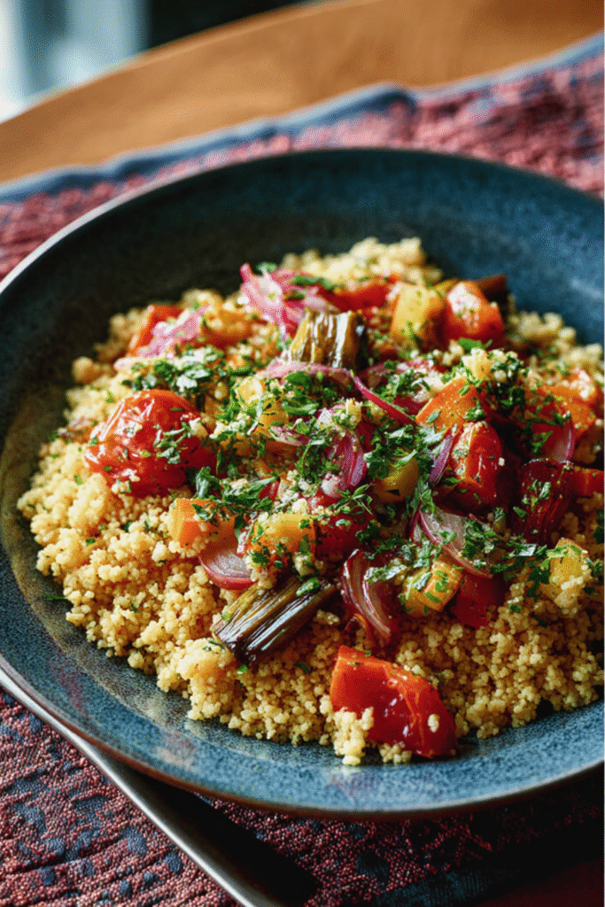 Nigella Spiced Bulgur Wheat with Roast Vegetables