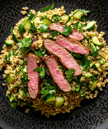 Nigella Bulgur Wheat Salad with Pink-Seared Lamb