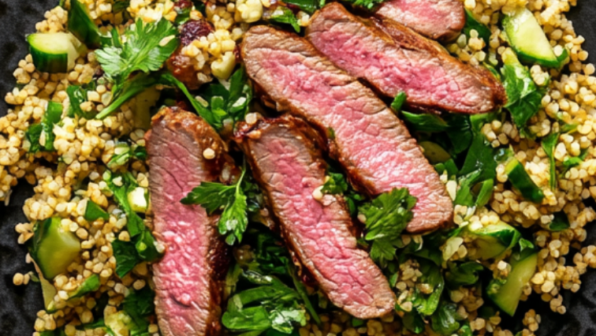 Nigella Bulgur Wheat Salad with Pink-Seared Lamb