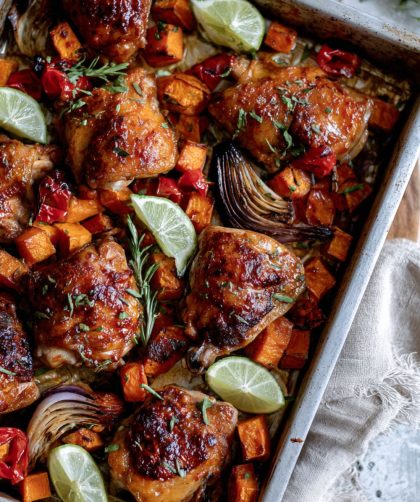 Nigella One-Pan Chicken with Apricot Harissa and Sweet Potatoes Recipe