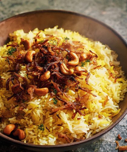 Nigella Spice-Studded Rice with Crispy Shallots, Garlic and Cashew Nuts